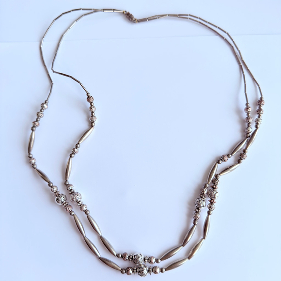 Native American Navajo Bead Cylinder Sterling Silver Two Strand Necklace 26" - Picture 3 of 6